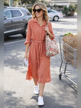 Sonoma Textured Button-Front Dress in Coral Orange Size L